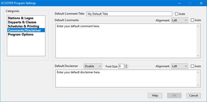 Default Comments and Disclaimer