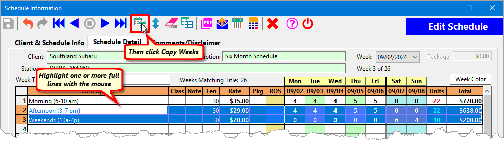 Highlighting and Copying Schedule Lines