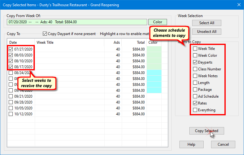 Copy Selected Weeks and Elements